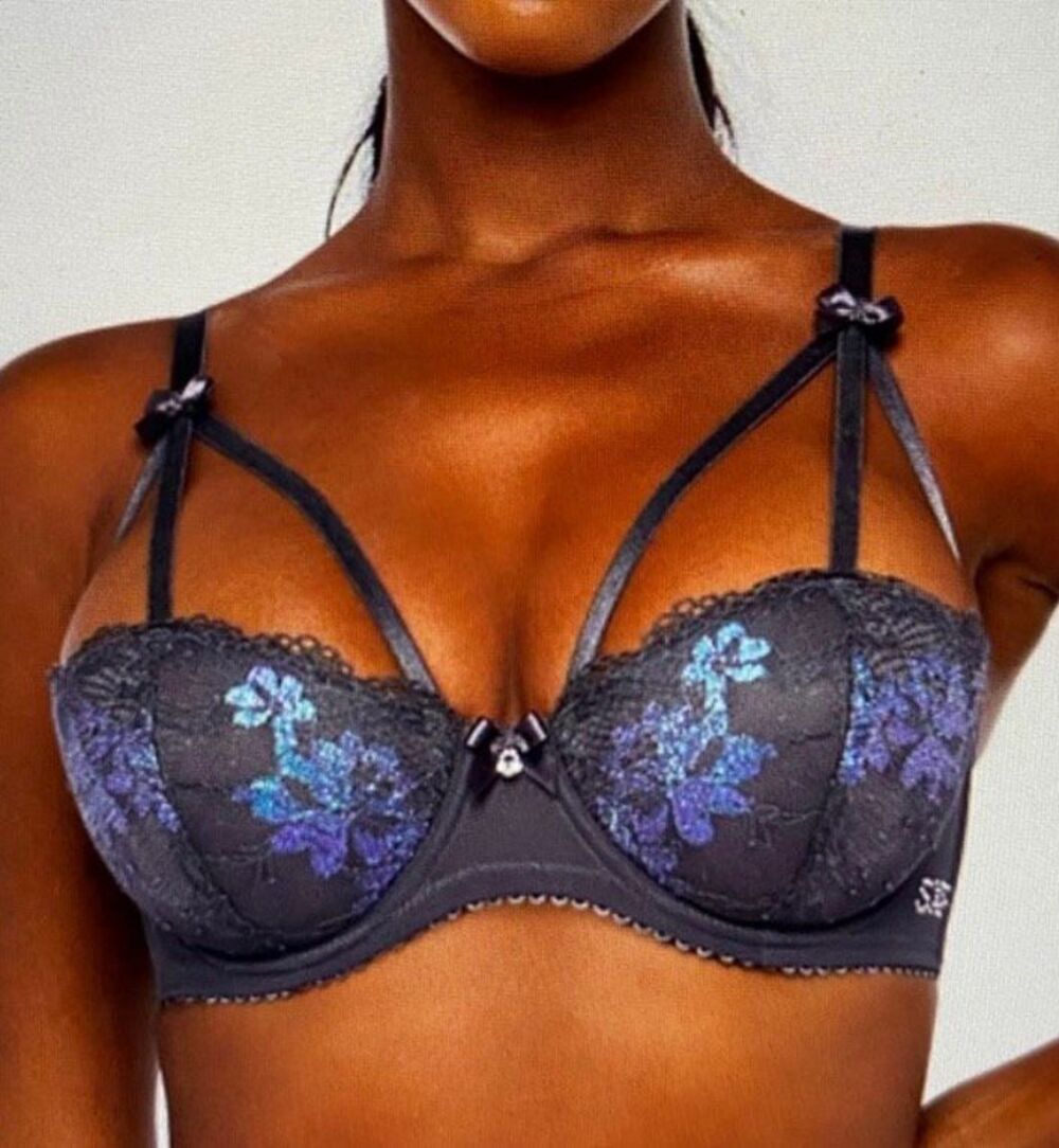 Savage X Fenty 32D NWT lingerie cage bra floral lace purple black